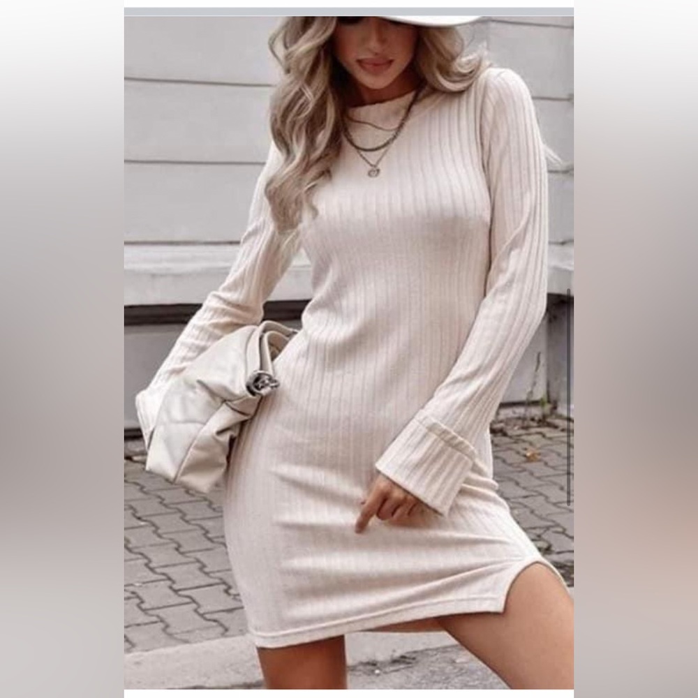 NEW• Creme De La Creme Sienna In Sand Ribbed Split Hem Dress•XL